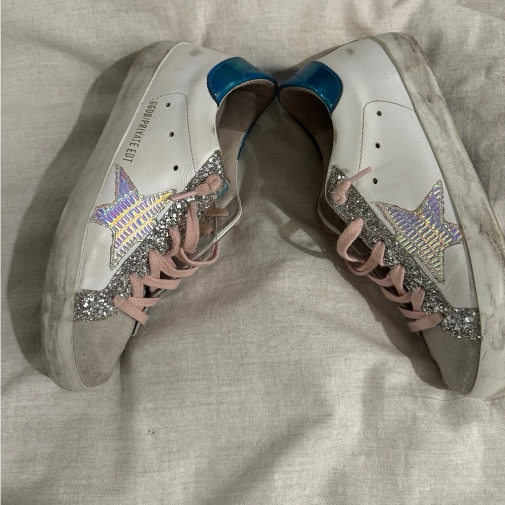 Golden Goose White Sneakers with Pink Laces, Silver Glitter & Blue Heel Tab